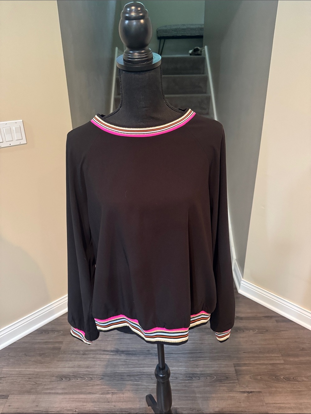 Peace of Cloth Black Long-Sleeve Top with Pink & Cream Trim